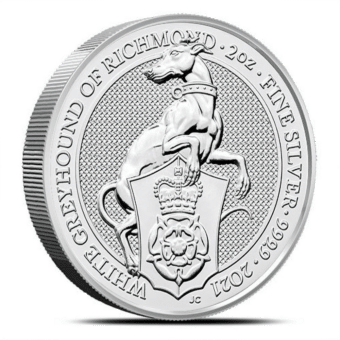 2 oz British Silver Queenโs Beast White Greyhound Richmond 2021 Coin