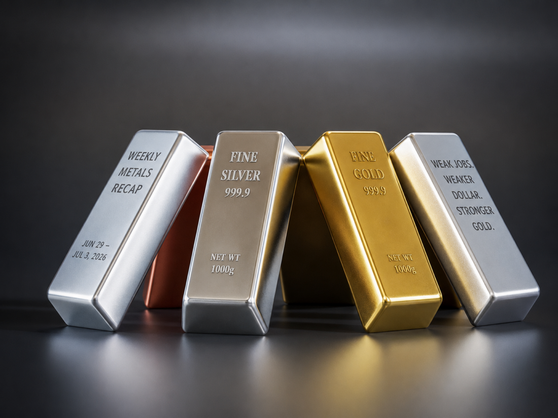 Gold and silver bullion bars illustrating gold surging back after weak jobs data weakened the U.S. dollar and lifted precious metals prices.